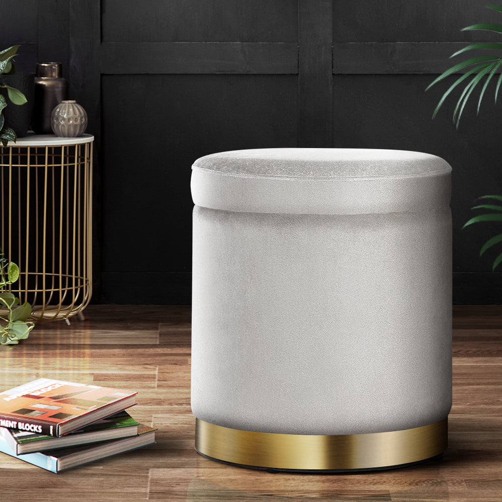 Round Velvet Ottoman Footstool, Pouffe with Padded Seat β Grey