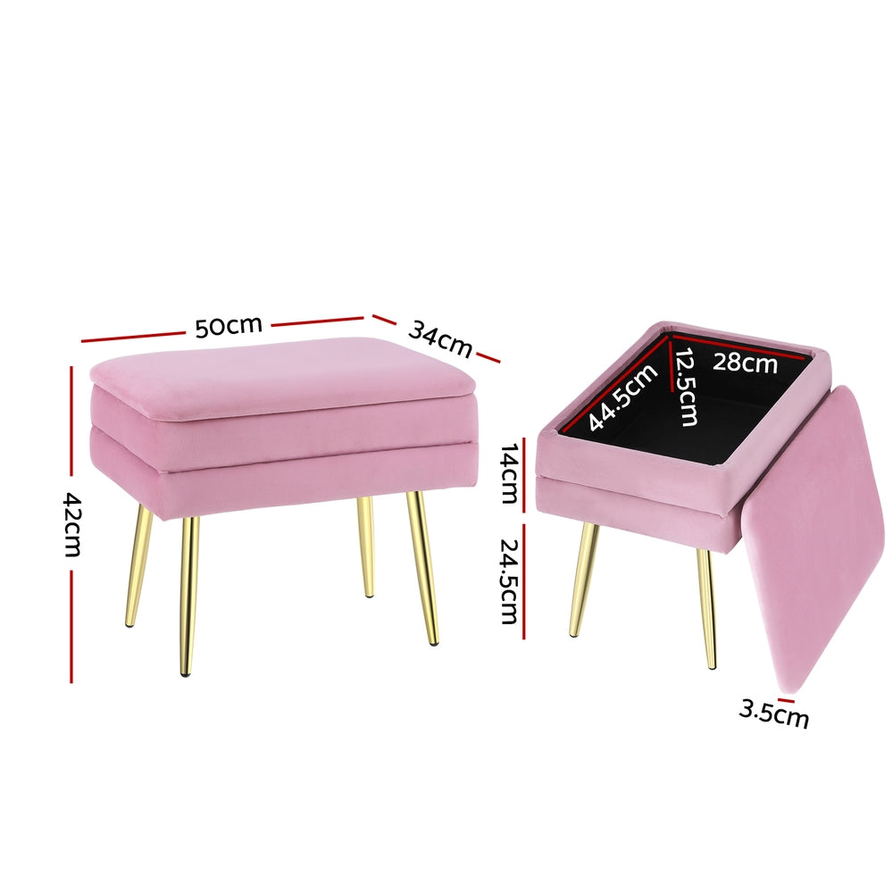 Glinda Pink Velvet Footstool with Gold Metal Legs