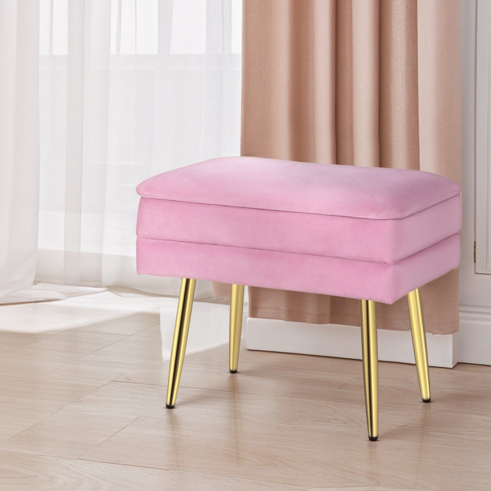Glinda Pink Velvet Footstool with Gold Metal Legs