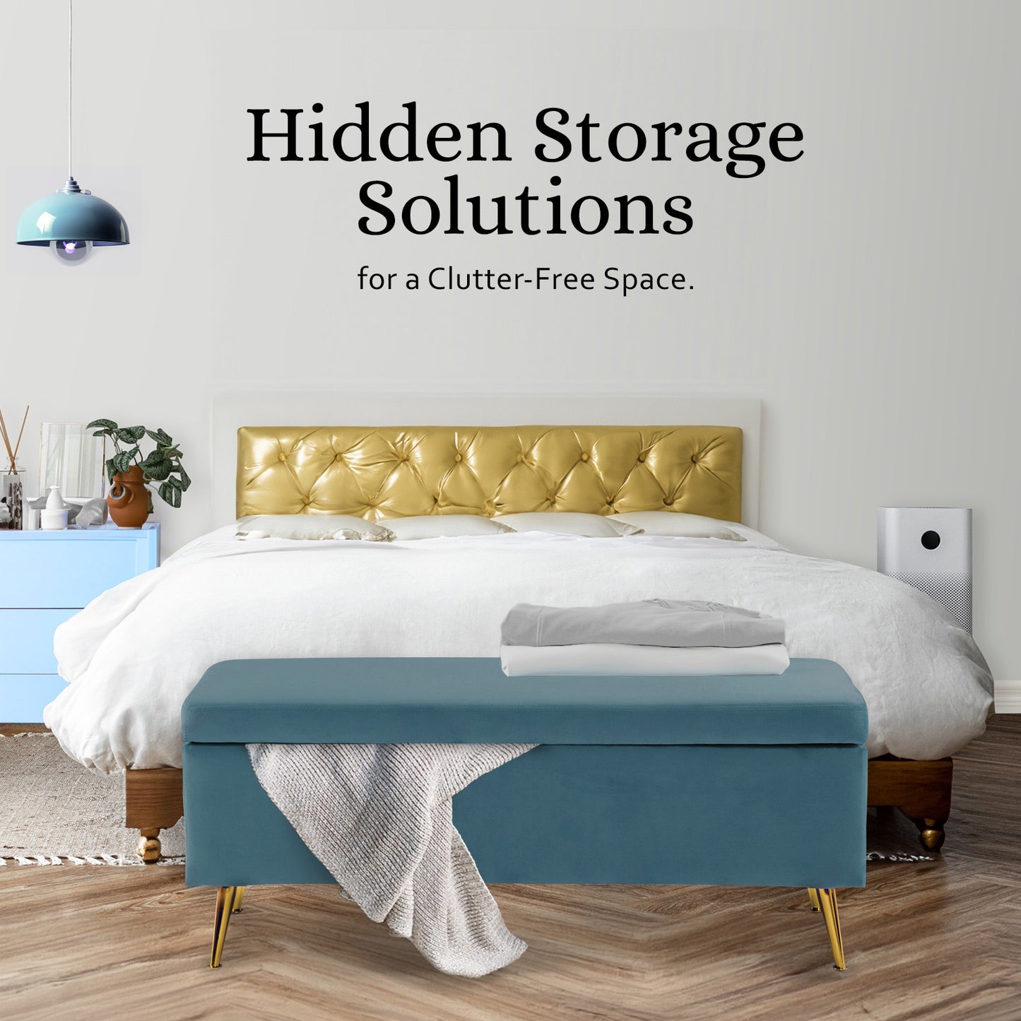 Lucille Teal Velvet Ottoman with Storage