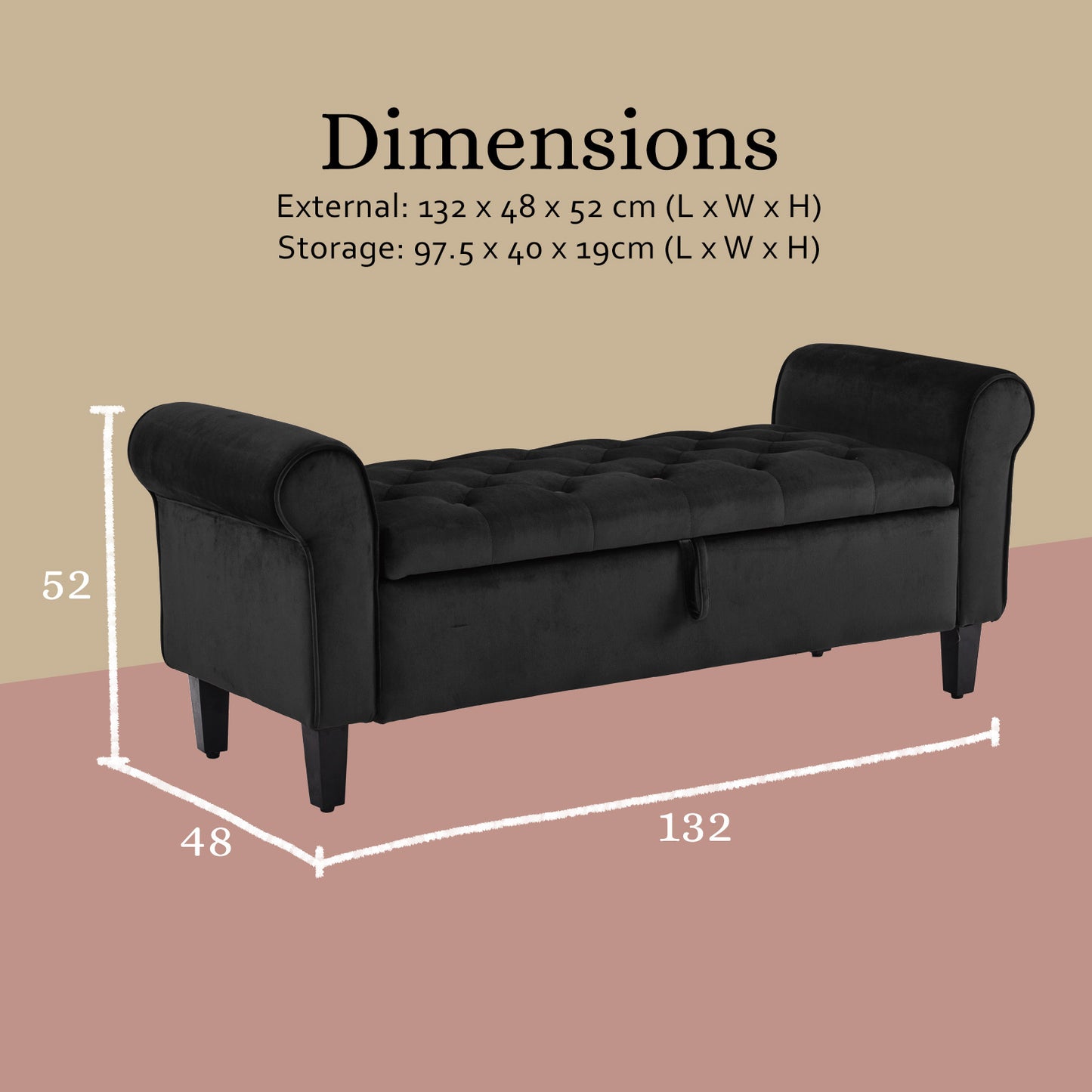 Kelly Rolled Armrest Velvet Ottoman Bench Seat Blanket Chest Couch BLACK