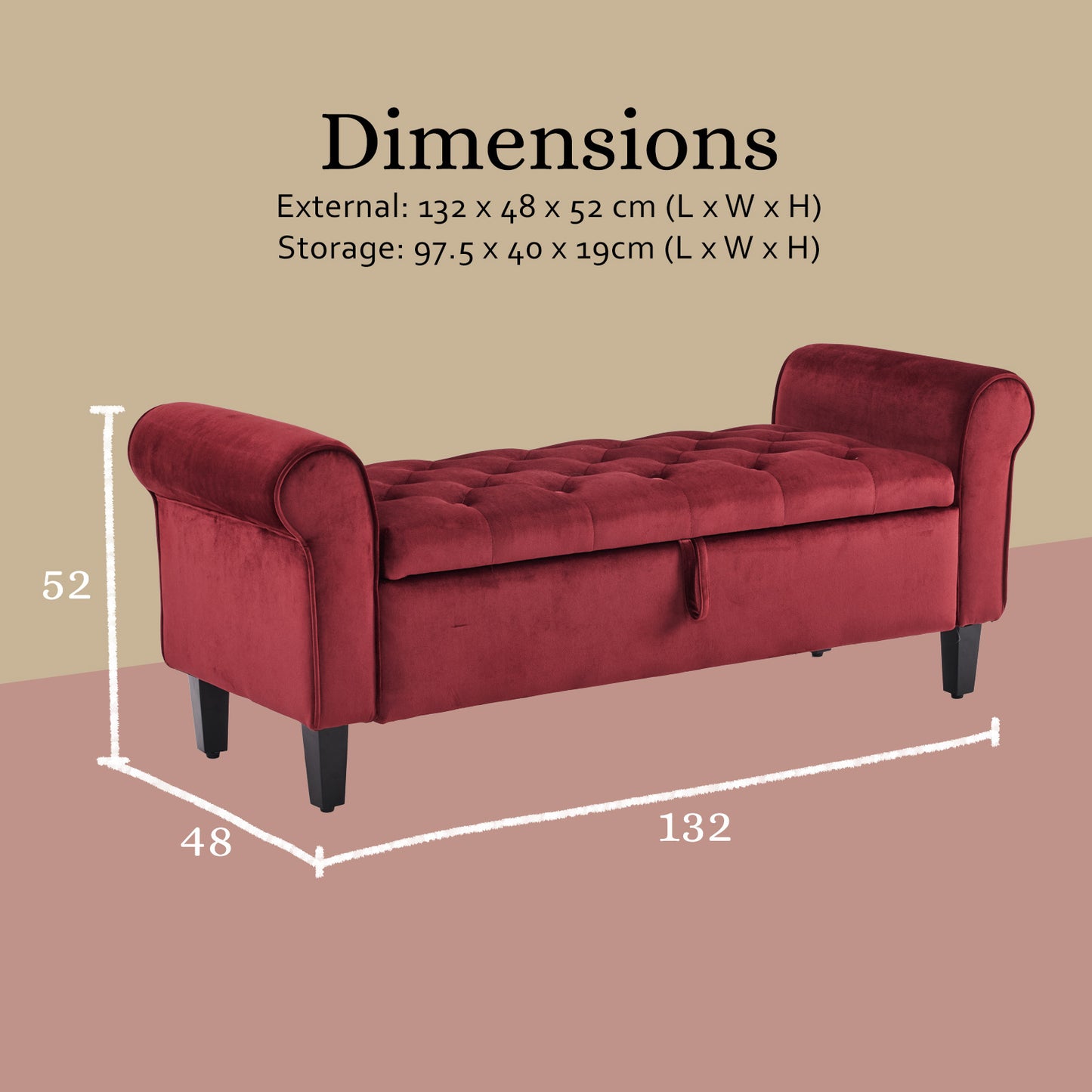 Kelly Rolled Armrest Velvet Ottoman Bench Seat Blanket Chest Couch RED
