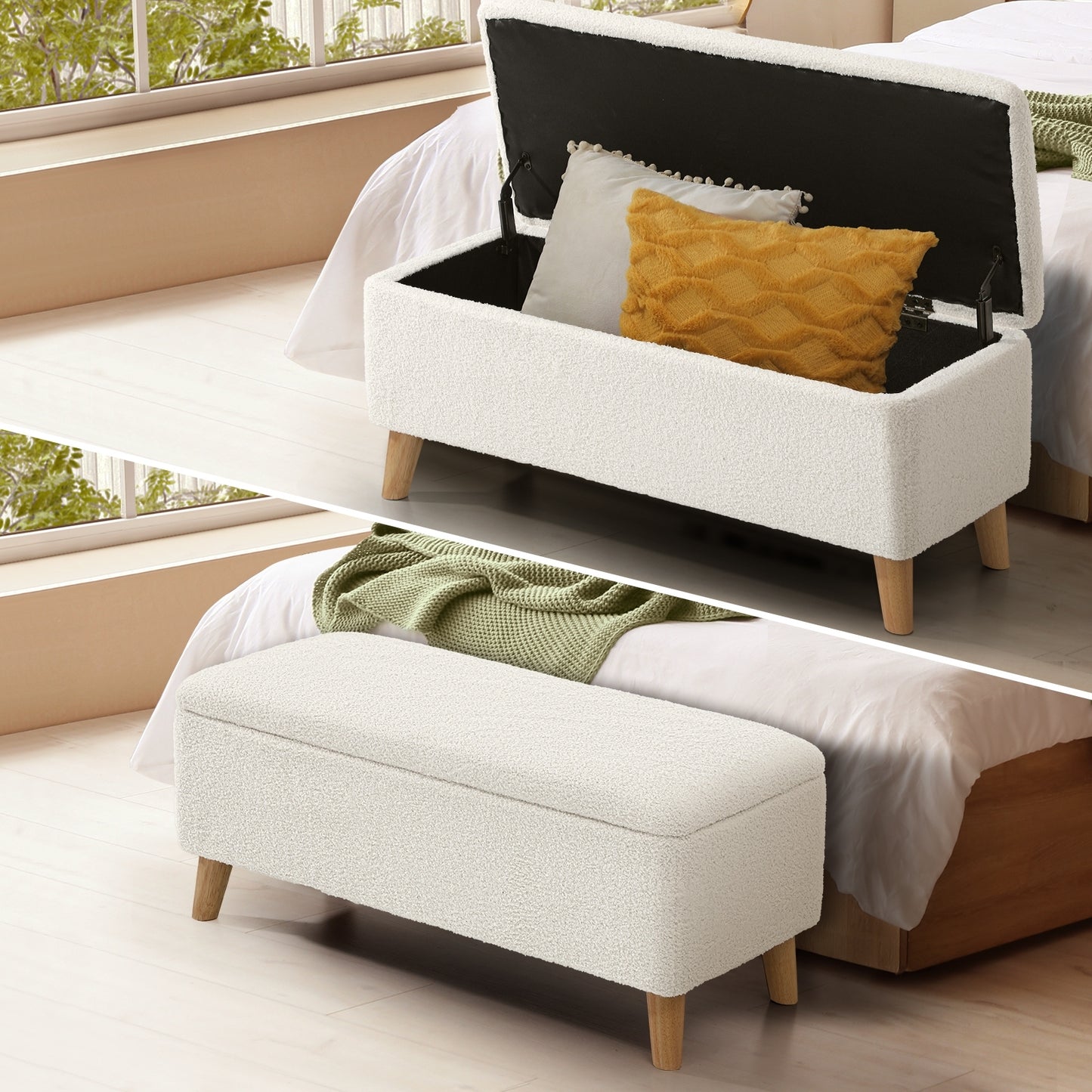 Carey Linen Ottoman Storage Stool - BEIGE SHERPA FABRIC