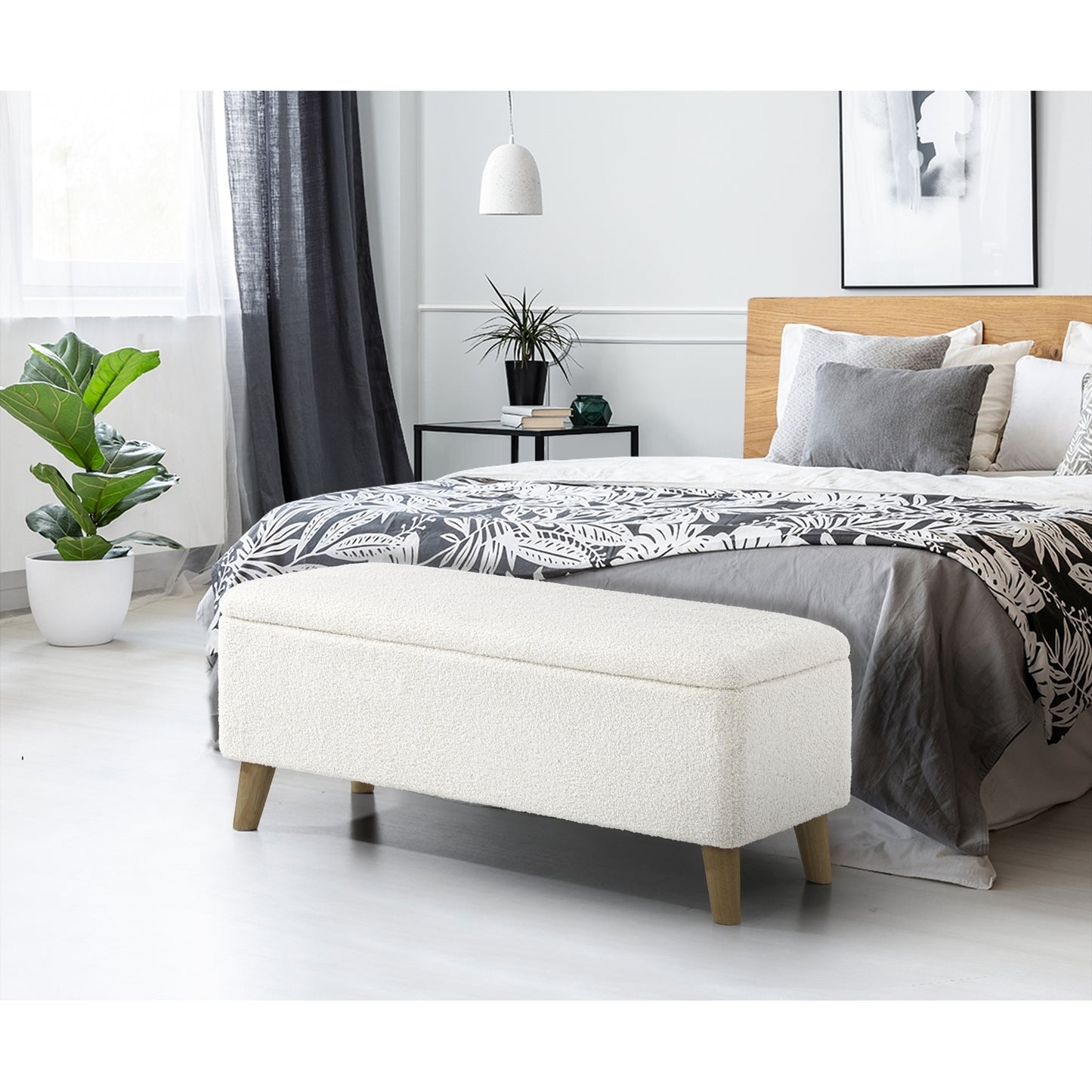 Carey Linen Ottoman Storage Stool - BEIGE SHERPA FABRIC