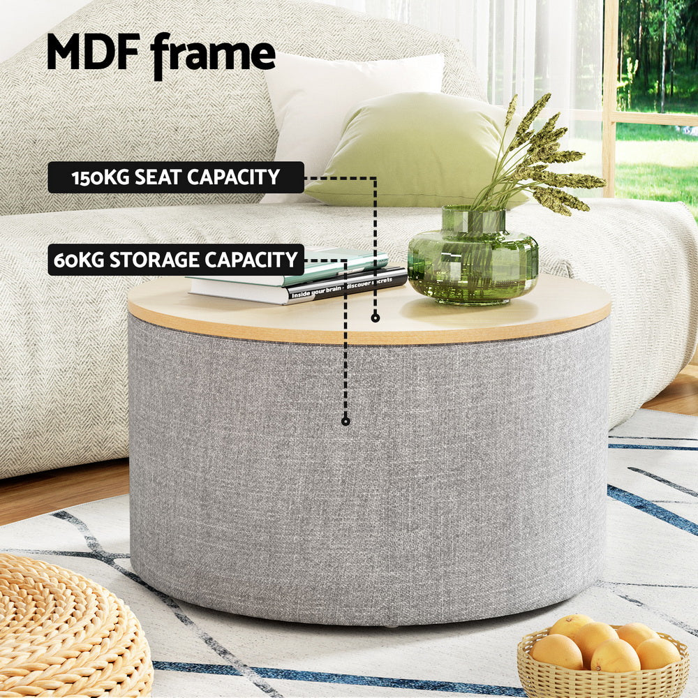Round Storage Ottoman Linen & Bamboo – Stylish & Functional 60cm