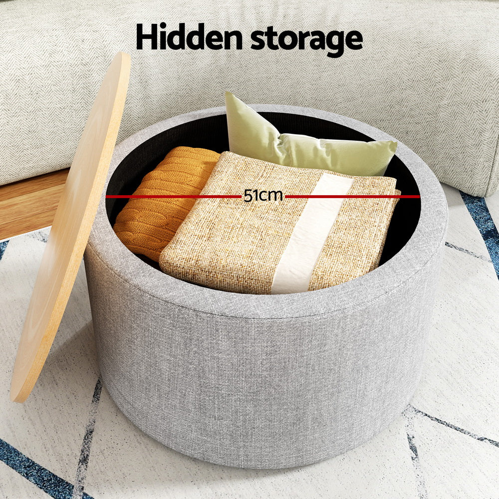 Round Storage Ottoman Linen & Bamboo – Stylish & Functional 60cm