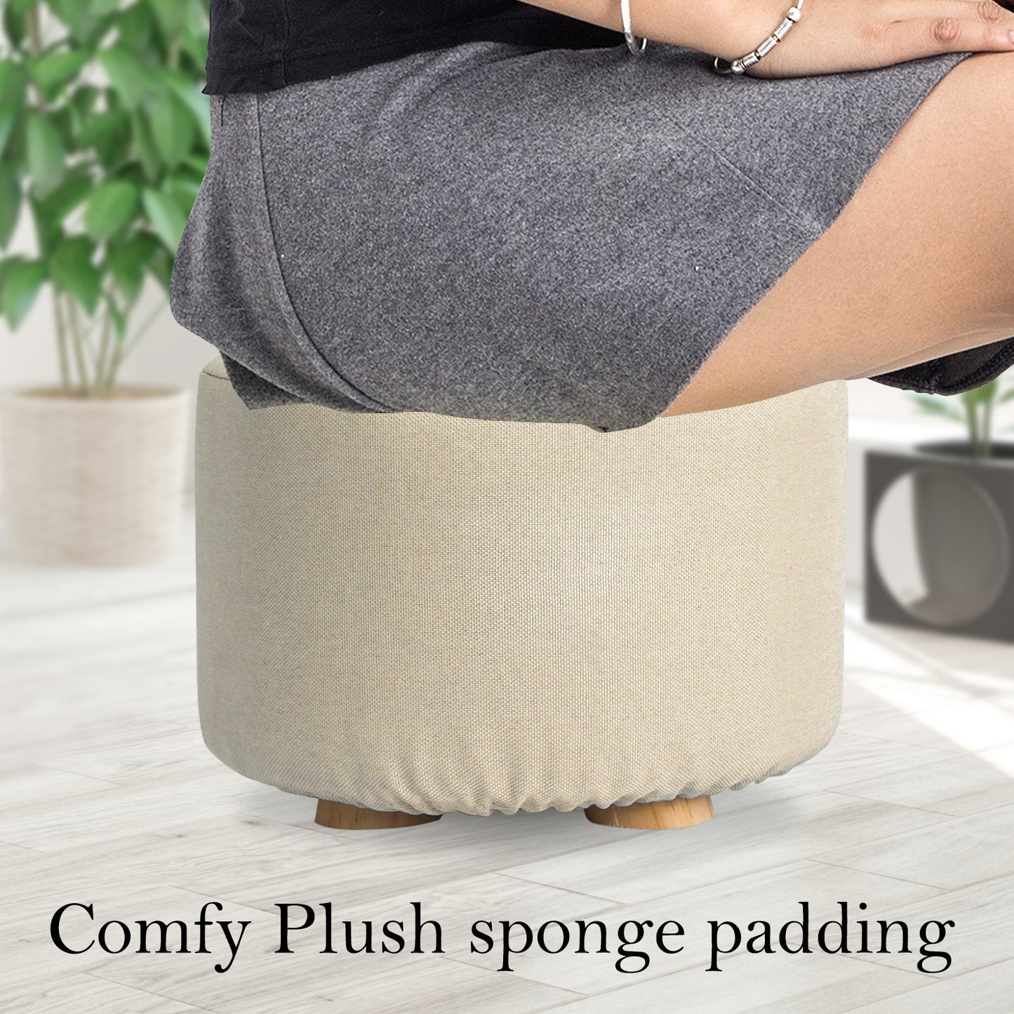Fabric Ottoman Round Wooden Leg Foot Stool Multiple Colours - La Bella Footstool