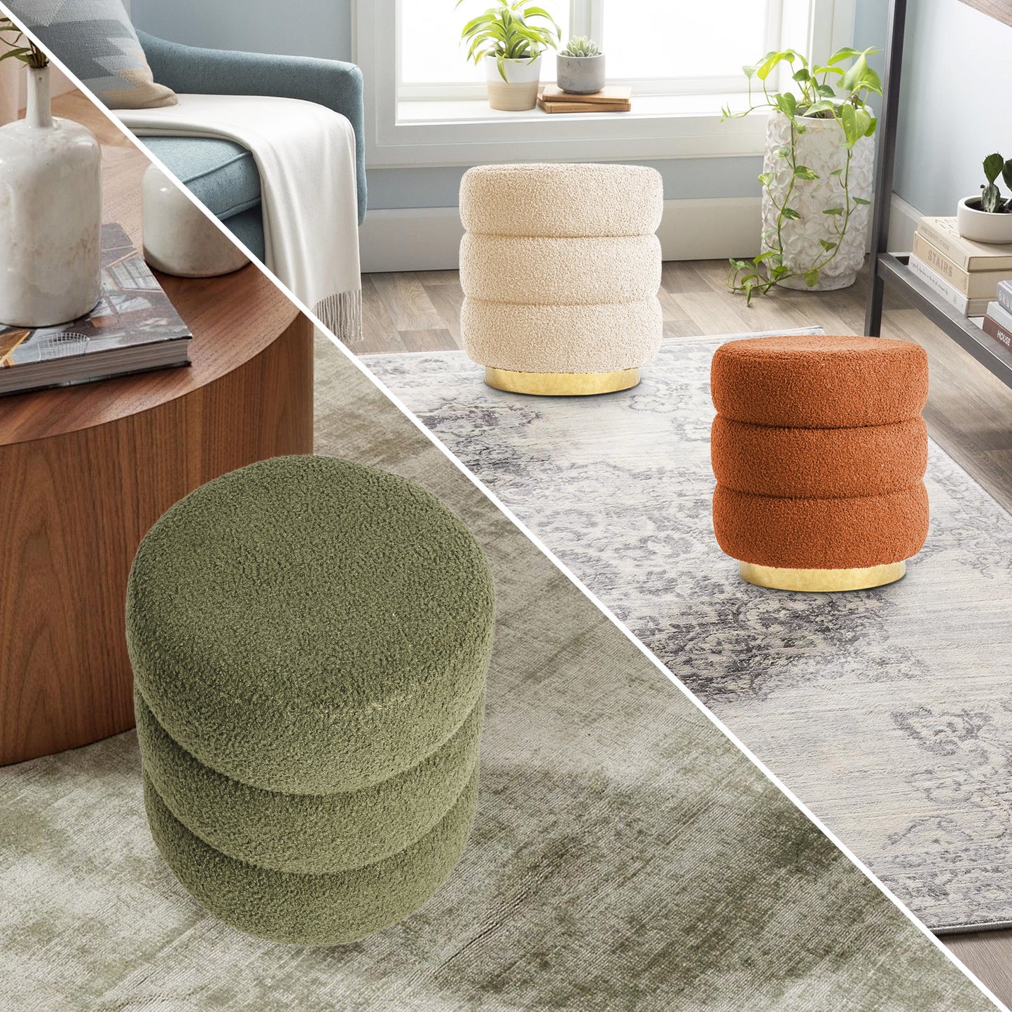 Teddy Fleece Round Stacked Ottoman Stool Multiple Colours