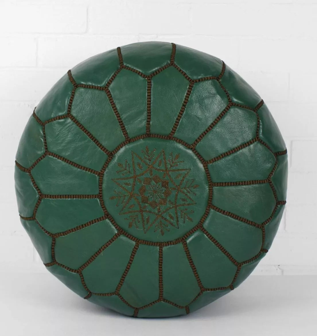 Stunning Moroccan Leather Ottoman (Poufe) GREEN w/Brown Stitching