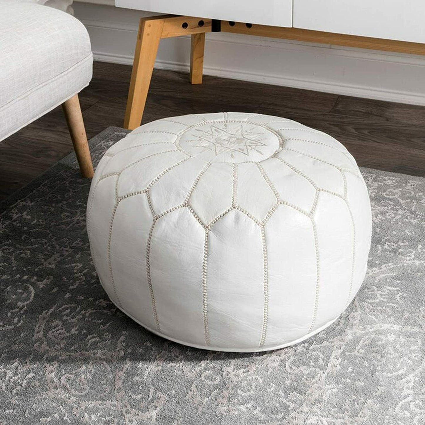 Stunning Moroccan Leather Ottoman (Poufe) WHITE