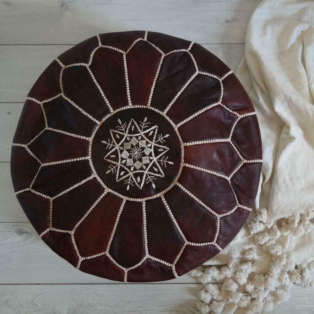 Stunning Moroccan Pure 100% Leather Ottoman (Poufe) Dark Tan Leather (White Stitch)