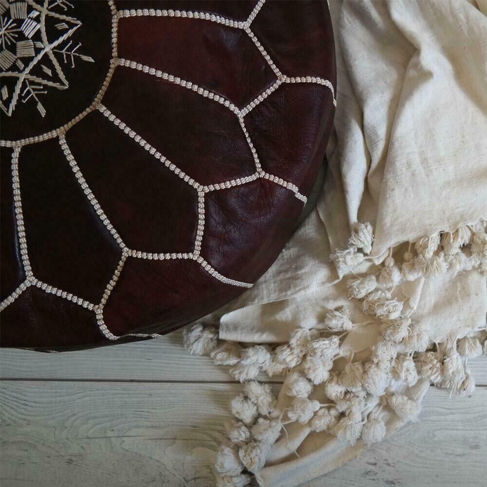 Stunning Moroccan Pure 100% Leather Ottoman (Poufe) Dark Tan Leather (White Stitch)