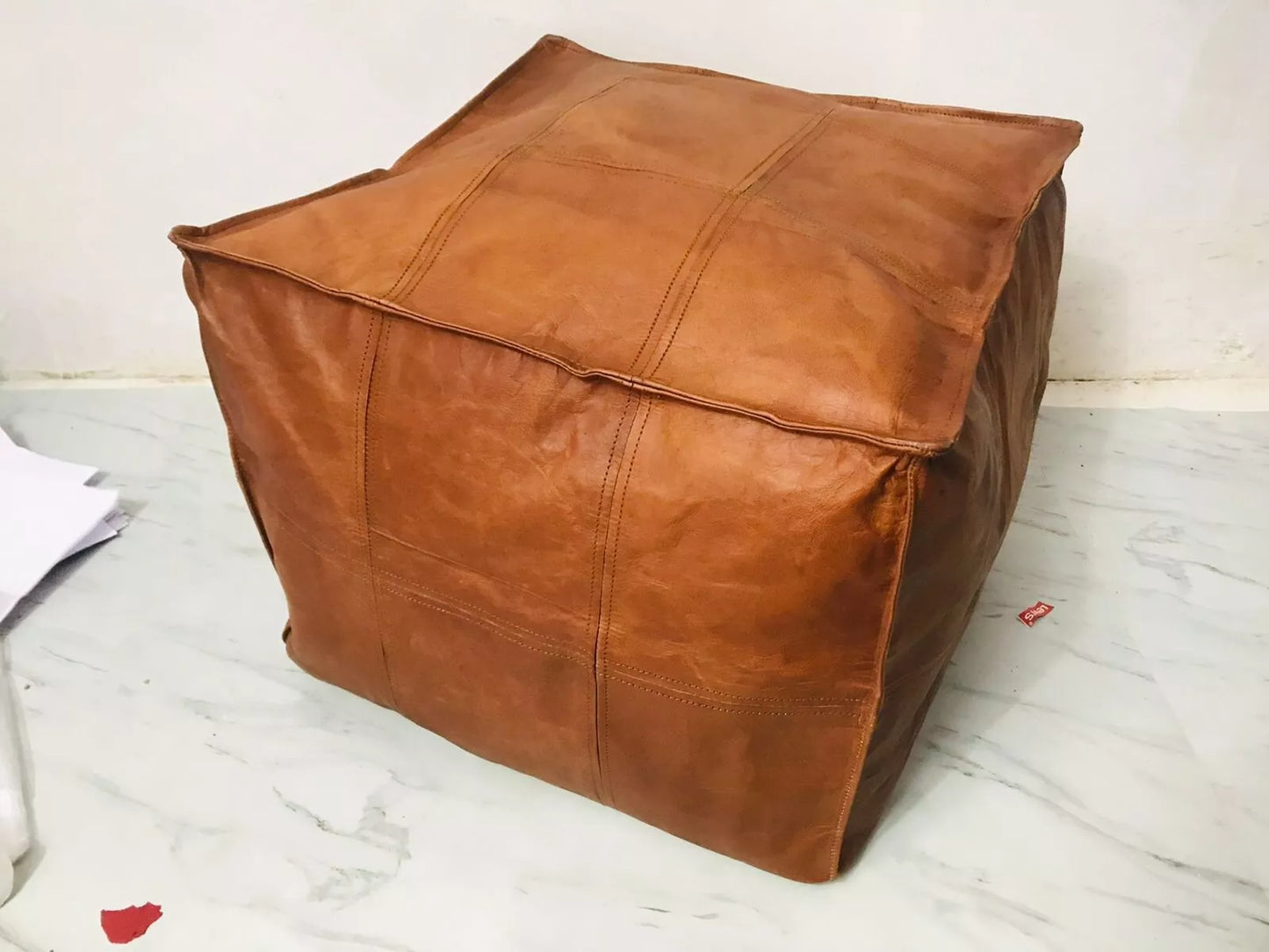 Moroccan Leather Ottoman Pouffe Pouf Footstool Coffee Table in Mid Tan