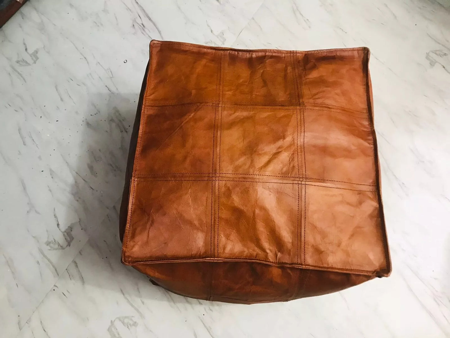 Moroccan Leather Ottoman Pouffe Pouf Footstool Coffee Table in Mid Tan