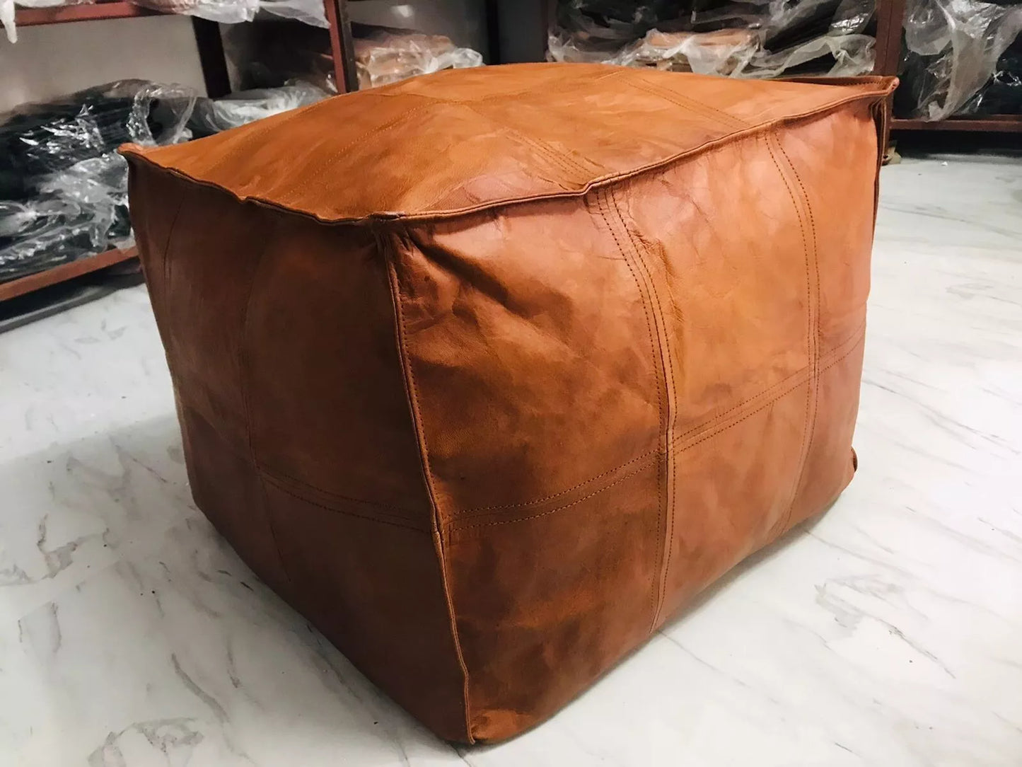 Moroccan Leather Ottoman Pouffe Pouf Footstool Coffee Table in Mid Tan