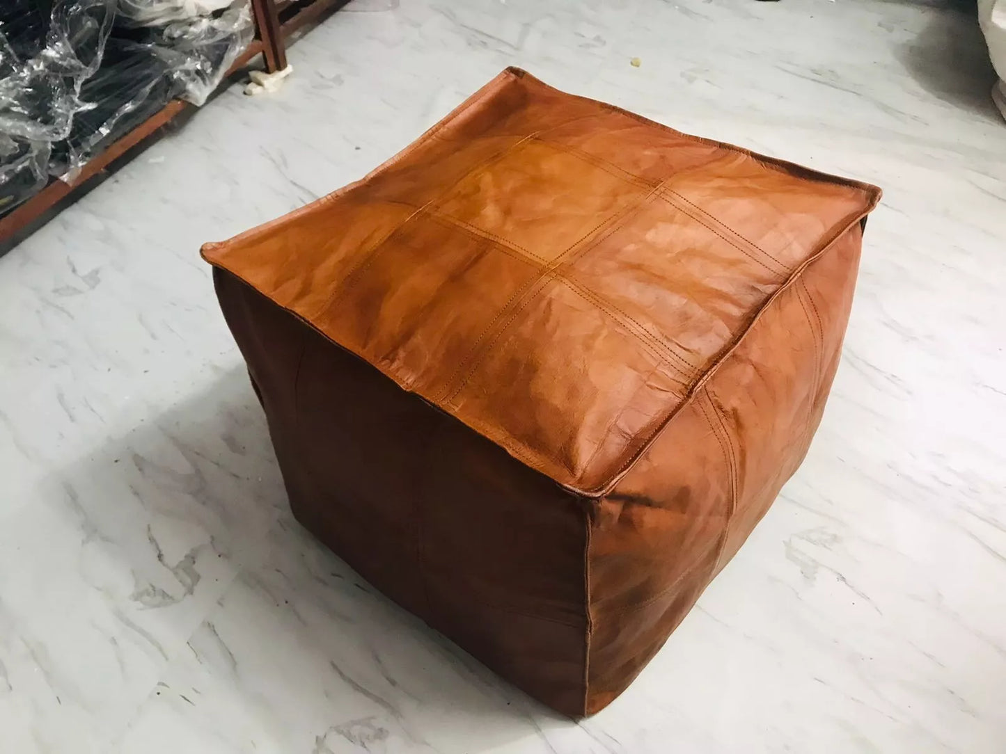 Moroccan Leather Ottoman Pouffe Pouf Footstool Coffee Table in Mid Tan