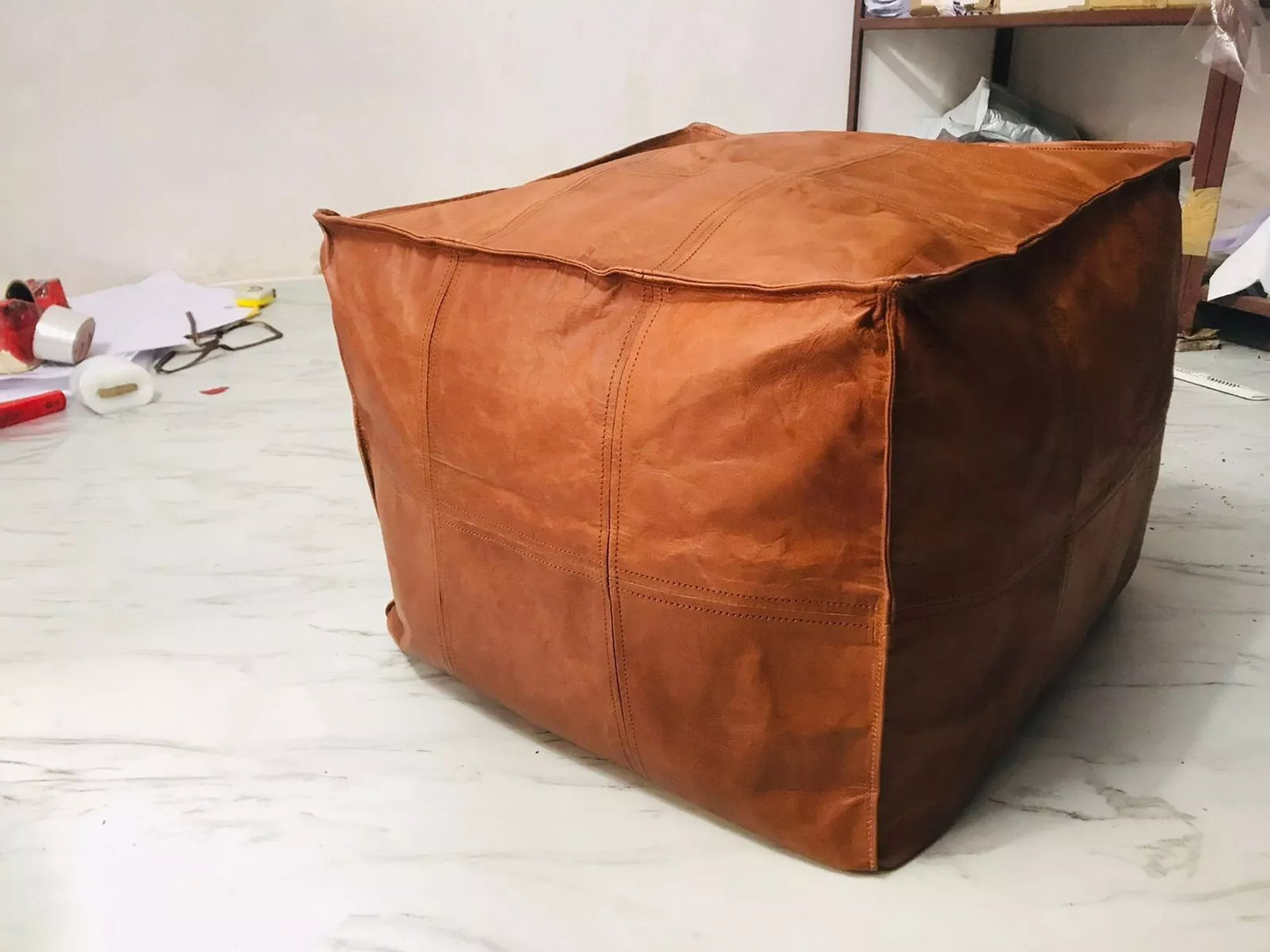 Moroccan Leather Ottoman Pouffe Pouf Footstool Coffee Table in Mid Tan