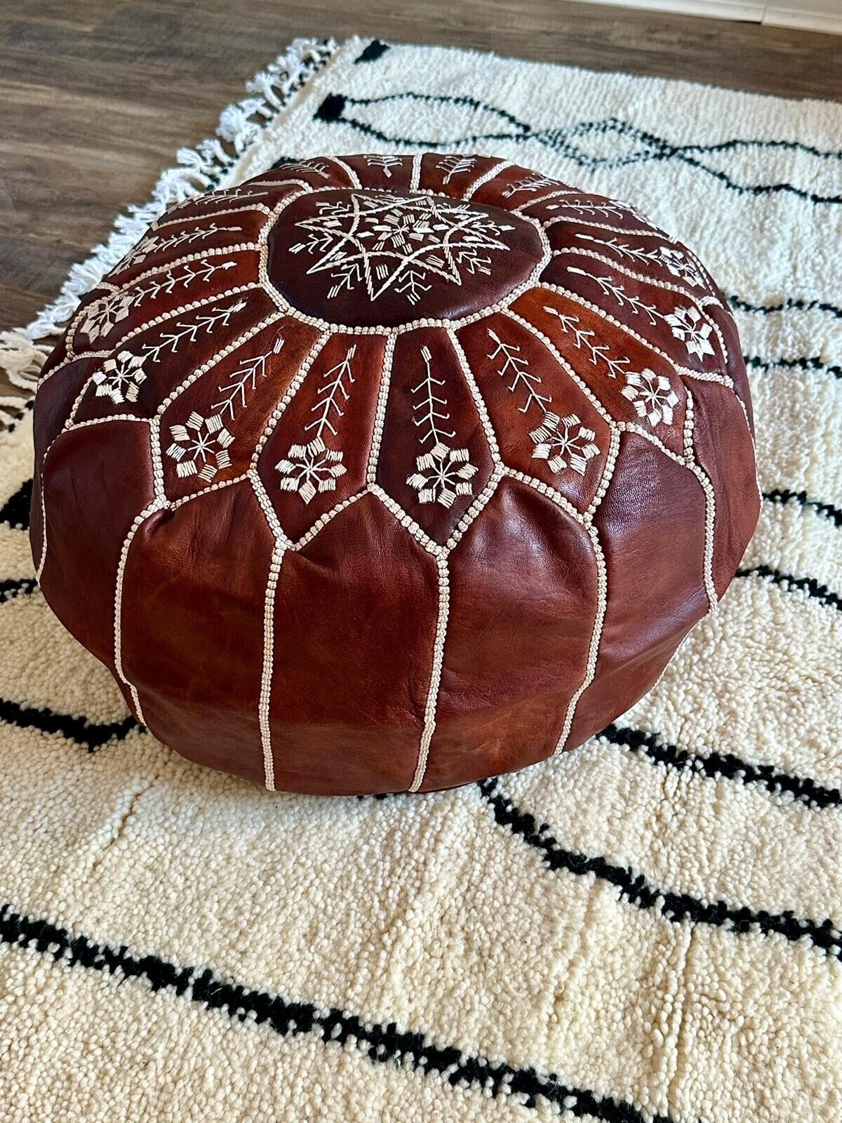 Stunning Moroccan Leather Ottoman (Pouffe) – Dark Tan with Hand-Sewn Intricate Stitch Detailing