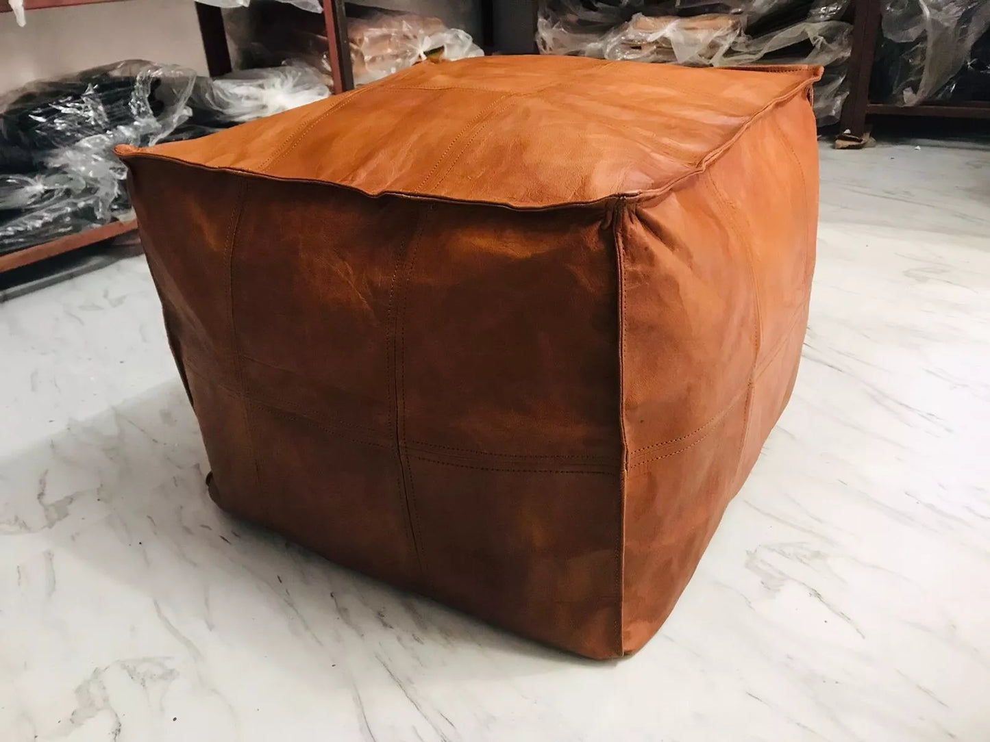 Moroccan Leather Ottoman Pouffe Pouf Footstool Coffee Table in Mid Tan