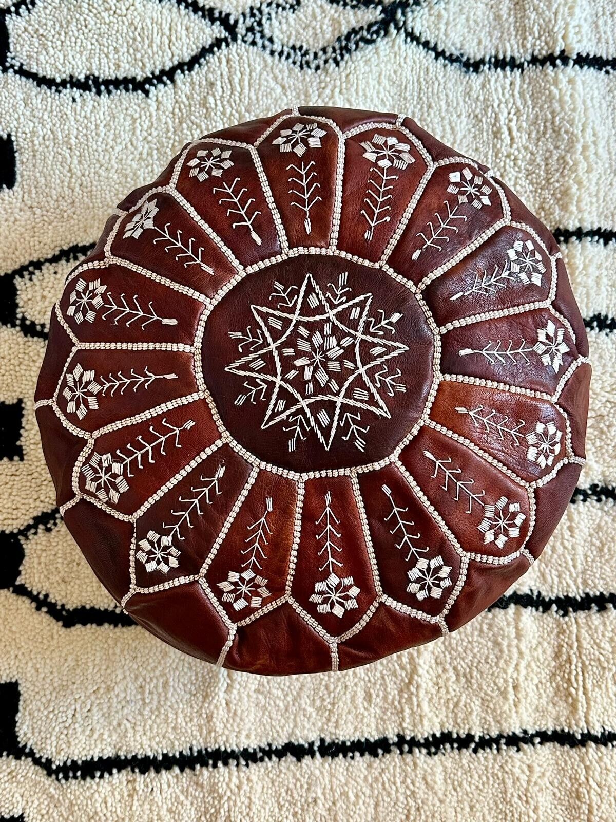 Stunning Moroccan Leather Ottoman (Pouffe) – Dark Tan with Hand-Sewn Intricate Stitch Detailing