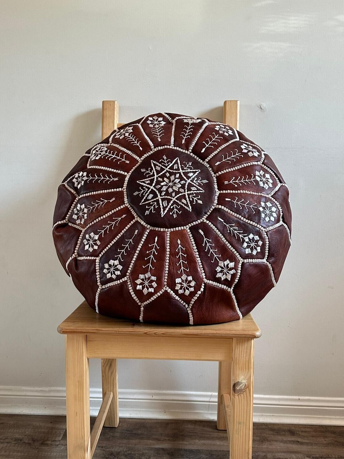 Stunning Moroccan Leather Ottoman (Pouffe) – Dark Tan with Hand-Sewn Intricate Stitch Detailing