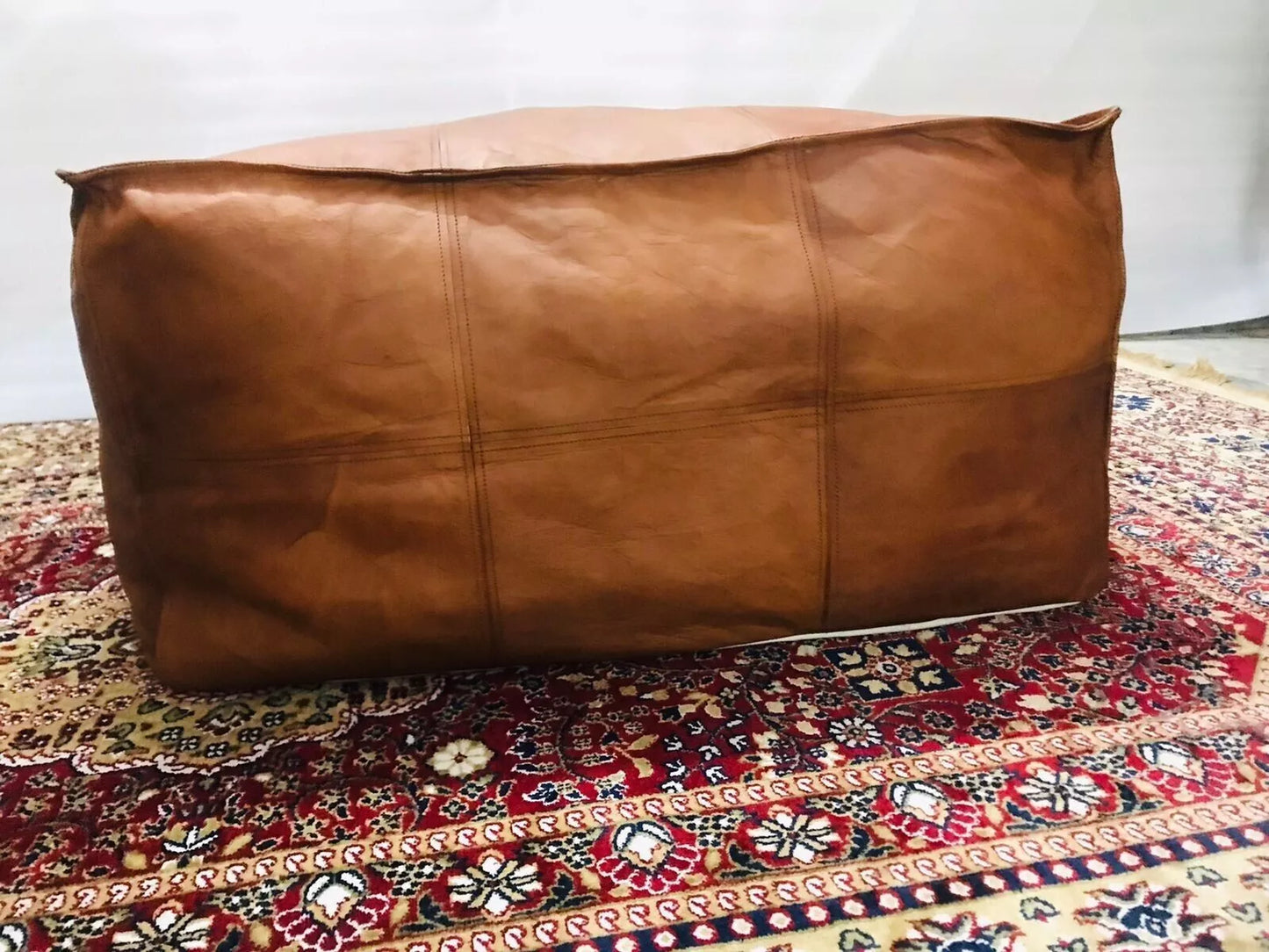 Moroccan Leather Ottoman Pouffe Pouf Footstool Coffee Table in Mid Tan (Large)