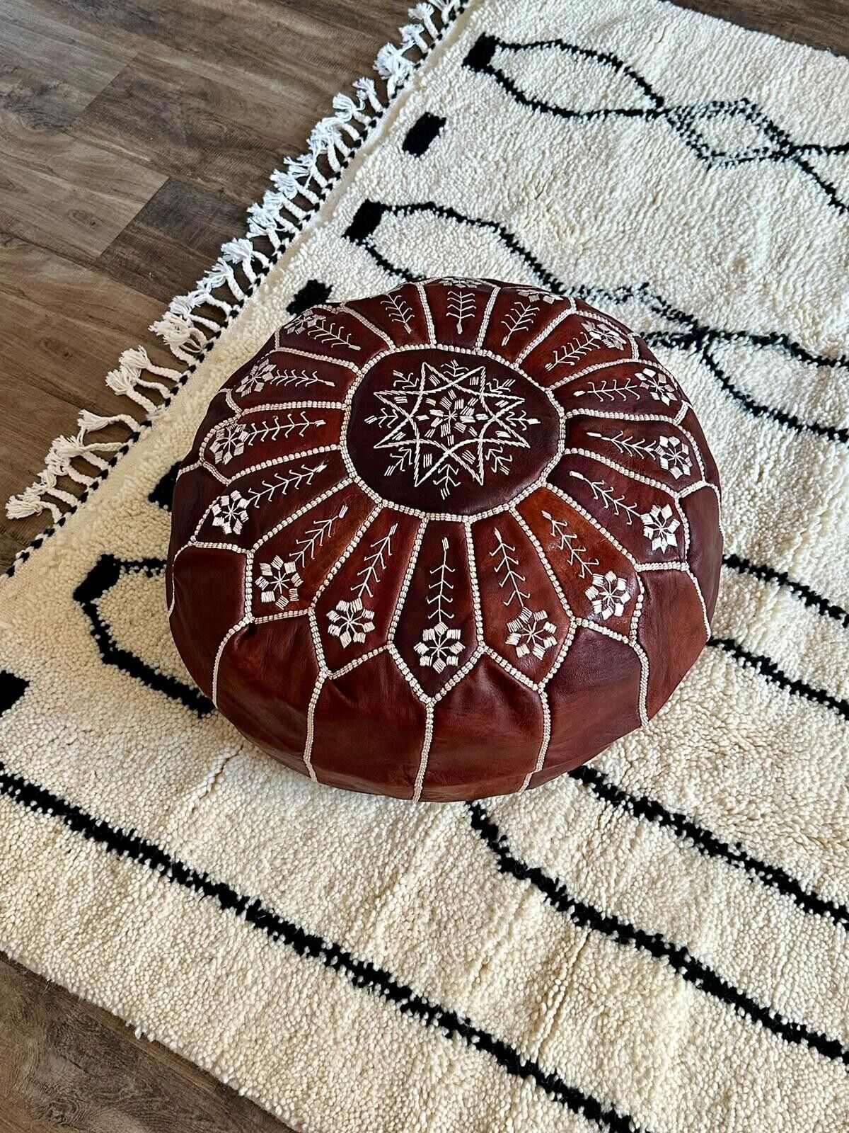 Stunning Moroccan Leather Ottoman (Pouffe) – Dark Tan with Hand-Sewn Intricate Stitch Detailing