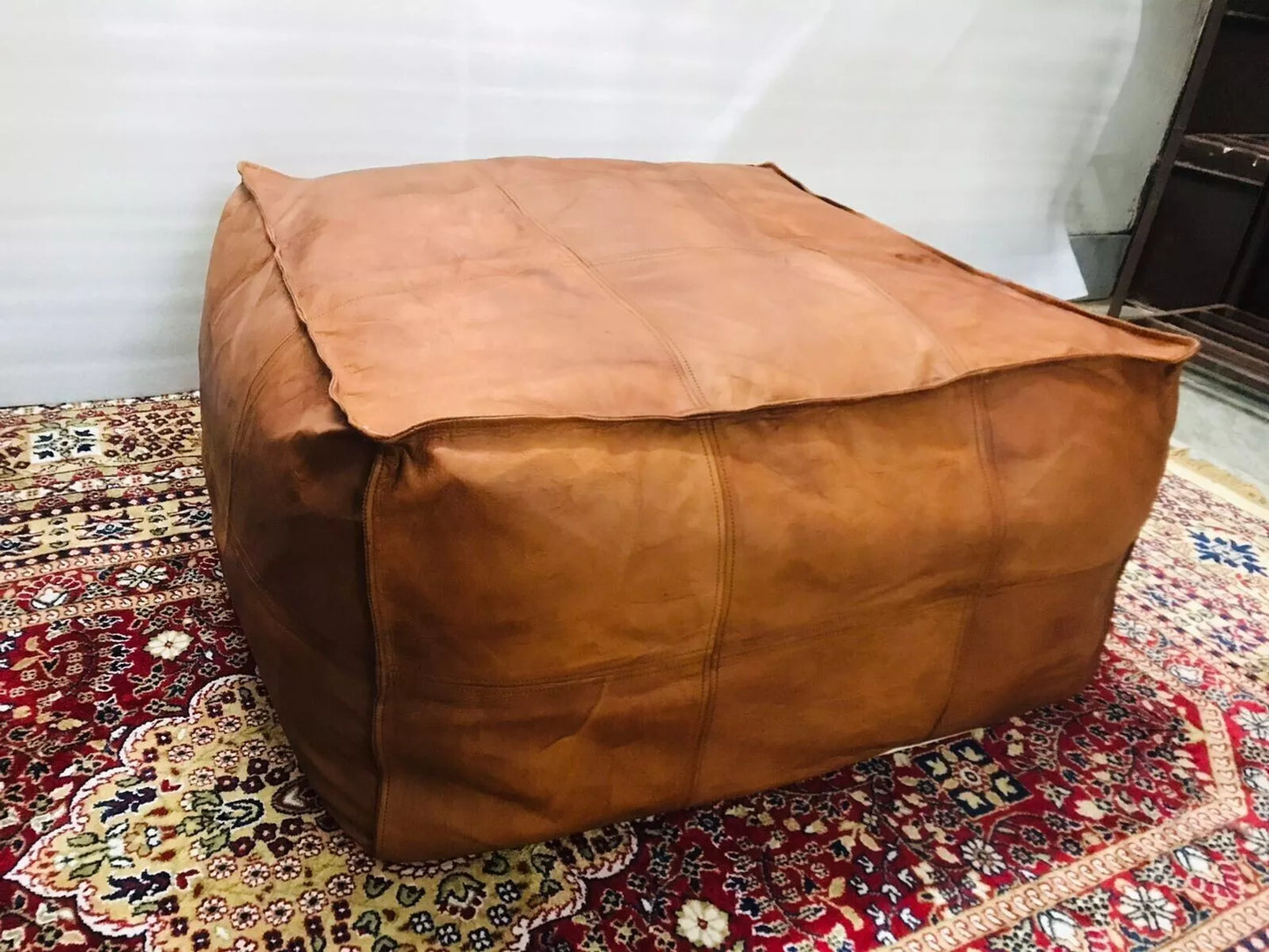 Moroccan Leather Ottoman Pouffe Pouf Footstool Coffee Table in Mid Tan (Large)