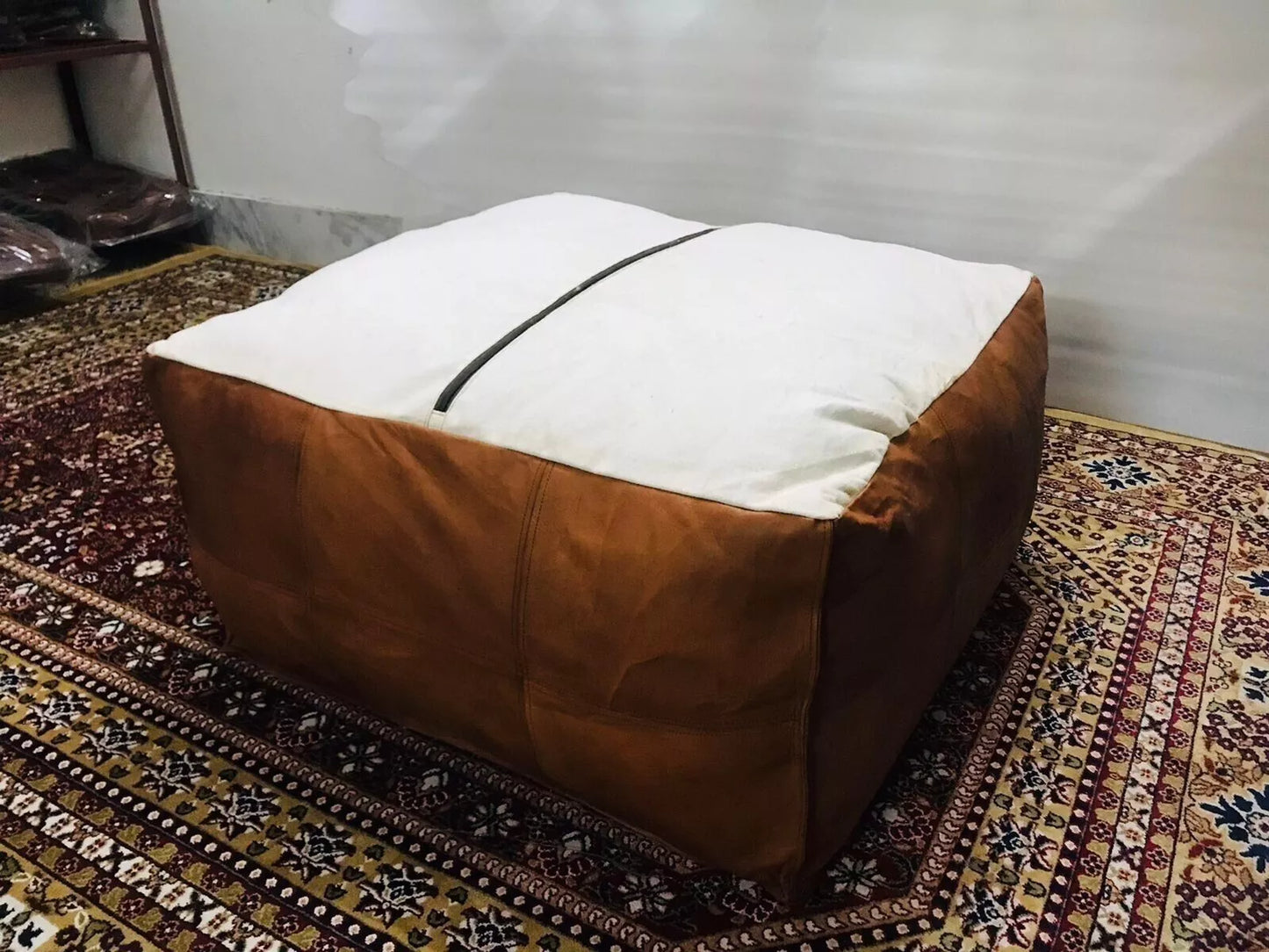 Moroccan Leather Ottoman Pouffe Pouf Footstool Coffee Table in Mid Tan (Large)