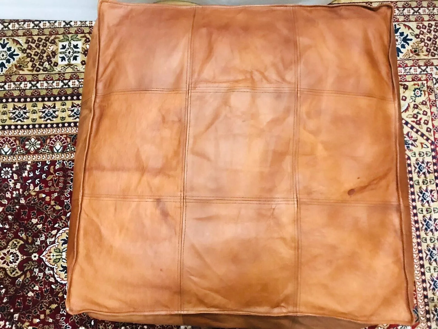 Moroccan Leather Ottoman Pouffe Pouf Footstool Coffee Table in Mid Tan (Large)