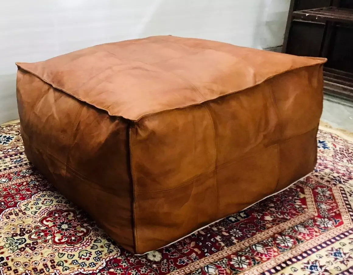 Moroccan Leather Ottoman Pouffe Pouf Footstool Coffee Table in Mid Tan (Large)