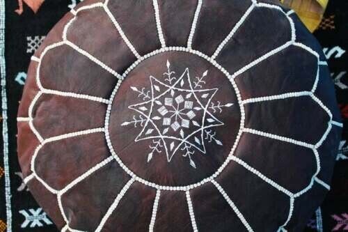Stunning Moroccan Pure 100% Leather Ottoman (Poufe) Dark Tan Leather (White Stitch)