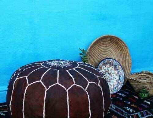 Stunning Moroccan Pure 100% Leather Ottoman (Poufe) Dark Tan Leather (White Stitch)