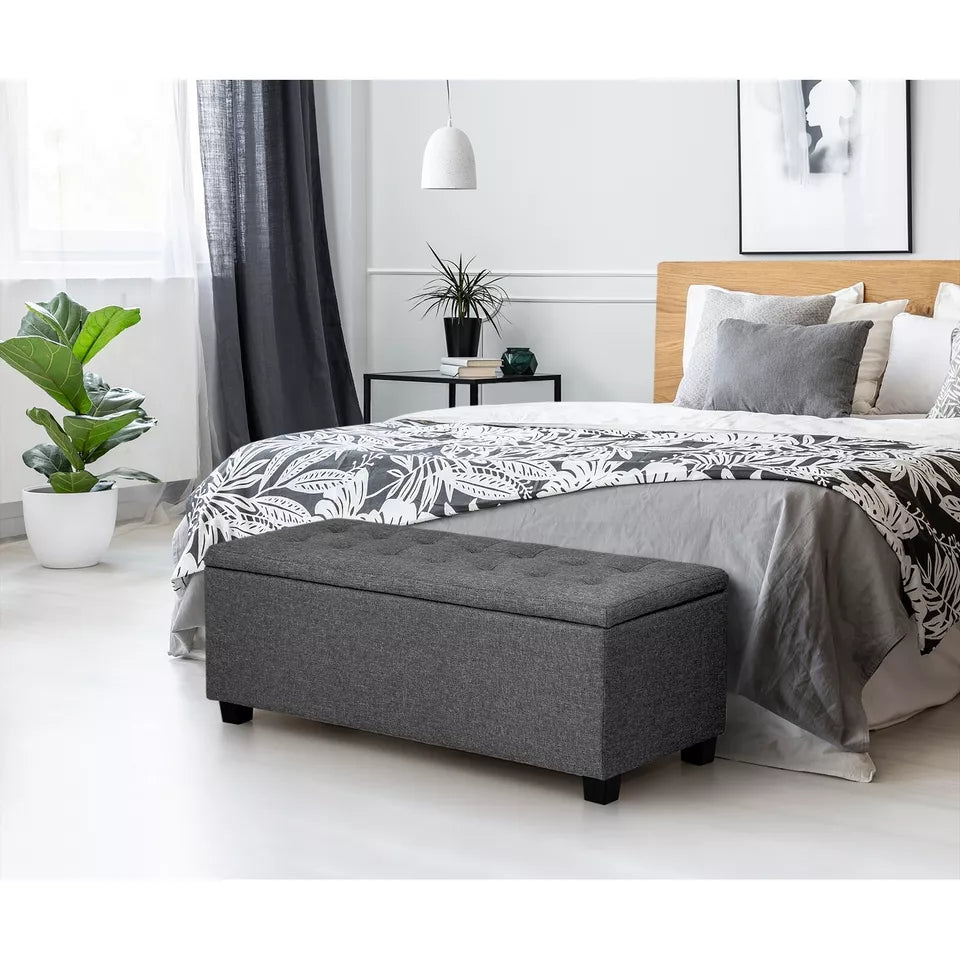 Arlo Ottoman Storage Fabric Foot Stool - Linen Fabric Dark Grey - Tufted Button Top