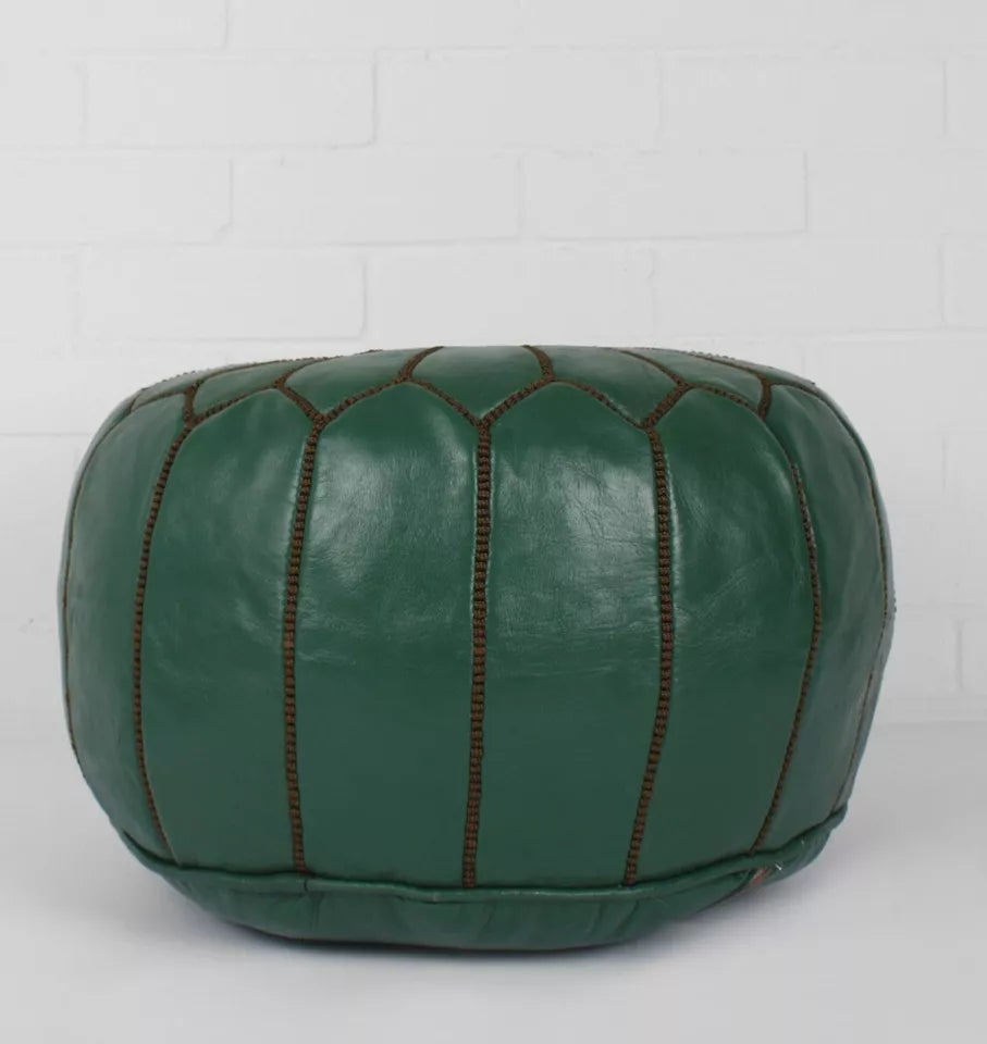 Stunning Moroccan Leather Ottoman (Poufe) GREEN w/Brown Stitching
