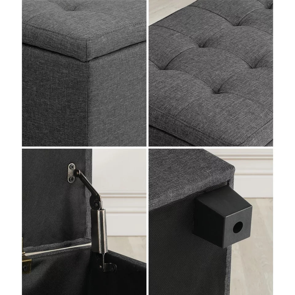 Arlo Ottoman Storage Fabric Foot Stool - Linen Fabric Dark Grey - Tufted Button Top