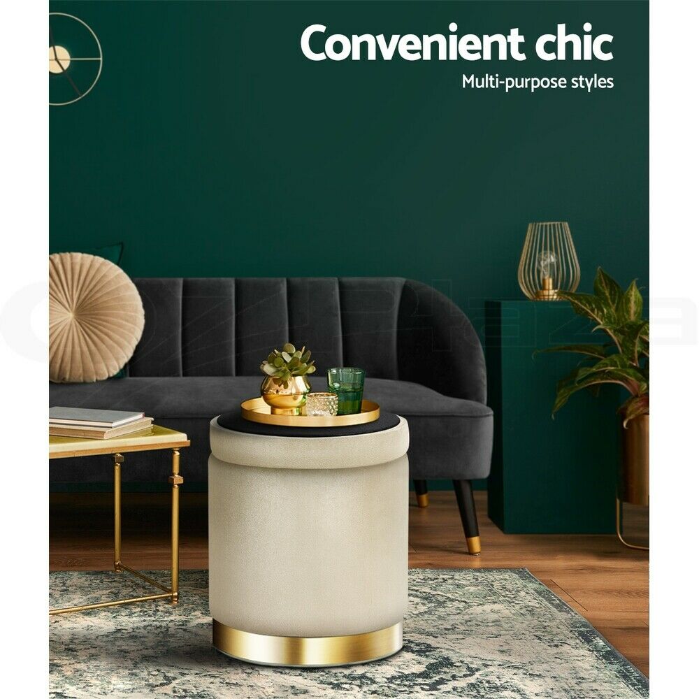 Round Velvet Ottoman Footstool, Pouffe with Padded Seat β Cream