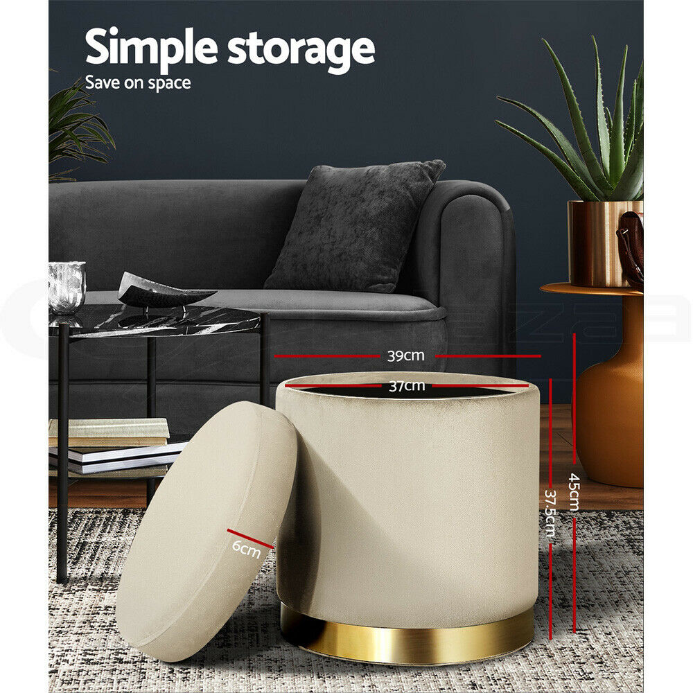 Round Velvet Ottoman Footstool, Pouffe with Padded Seat β Cream