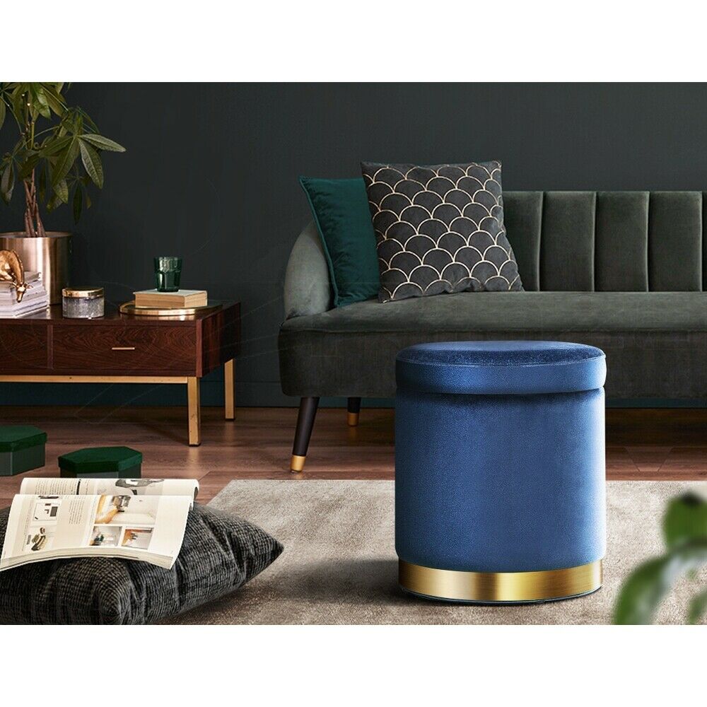 Round Velvet Ottoman Footstool, Pouffe with Padded Seat β Navy