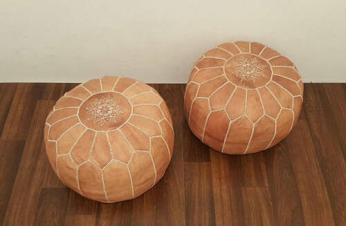 2 X Stunning Moroccan Leather Ottoman (Poufe) Vintage LIGHT TAN Leather