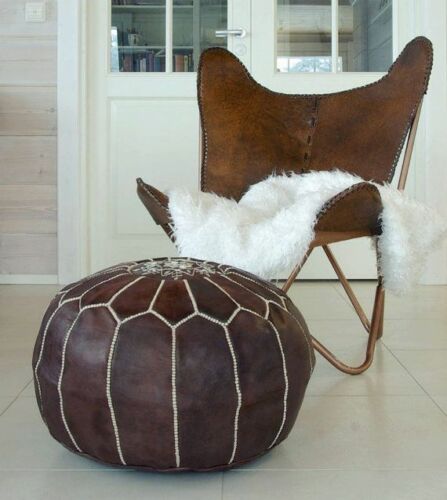 Stunning Moroccan Leather Ottoman (Poufe) DARK Tan Leather