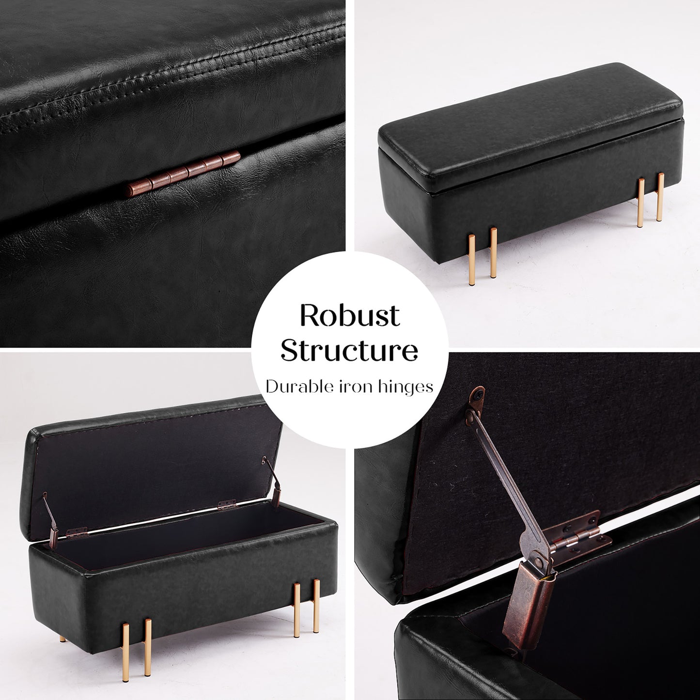 Standard Ottoman Storage Box Australia - Black - PU Leather Style (Gold Legs)