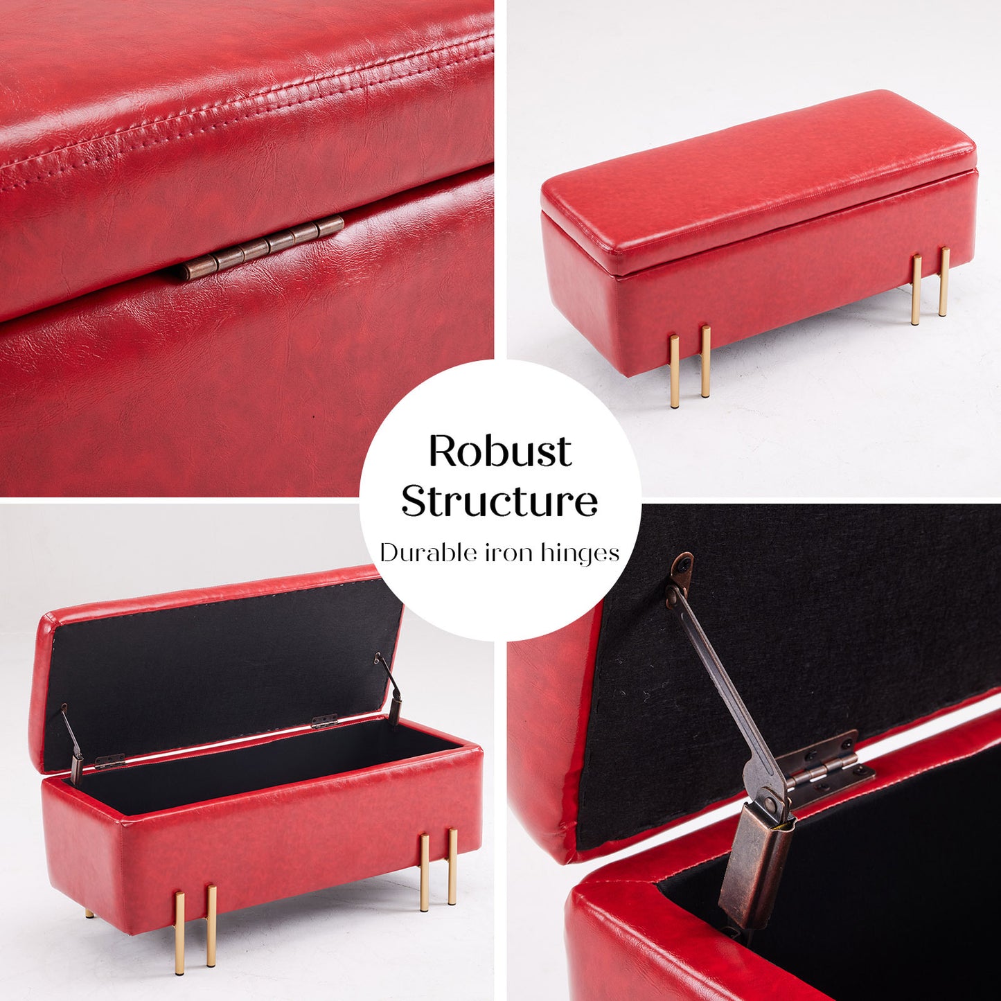 Standard Ottoman Storage Box Australia - Red - PU Leather Style (Gold Legs)