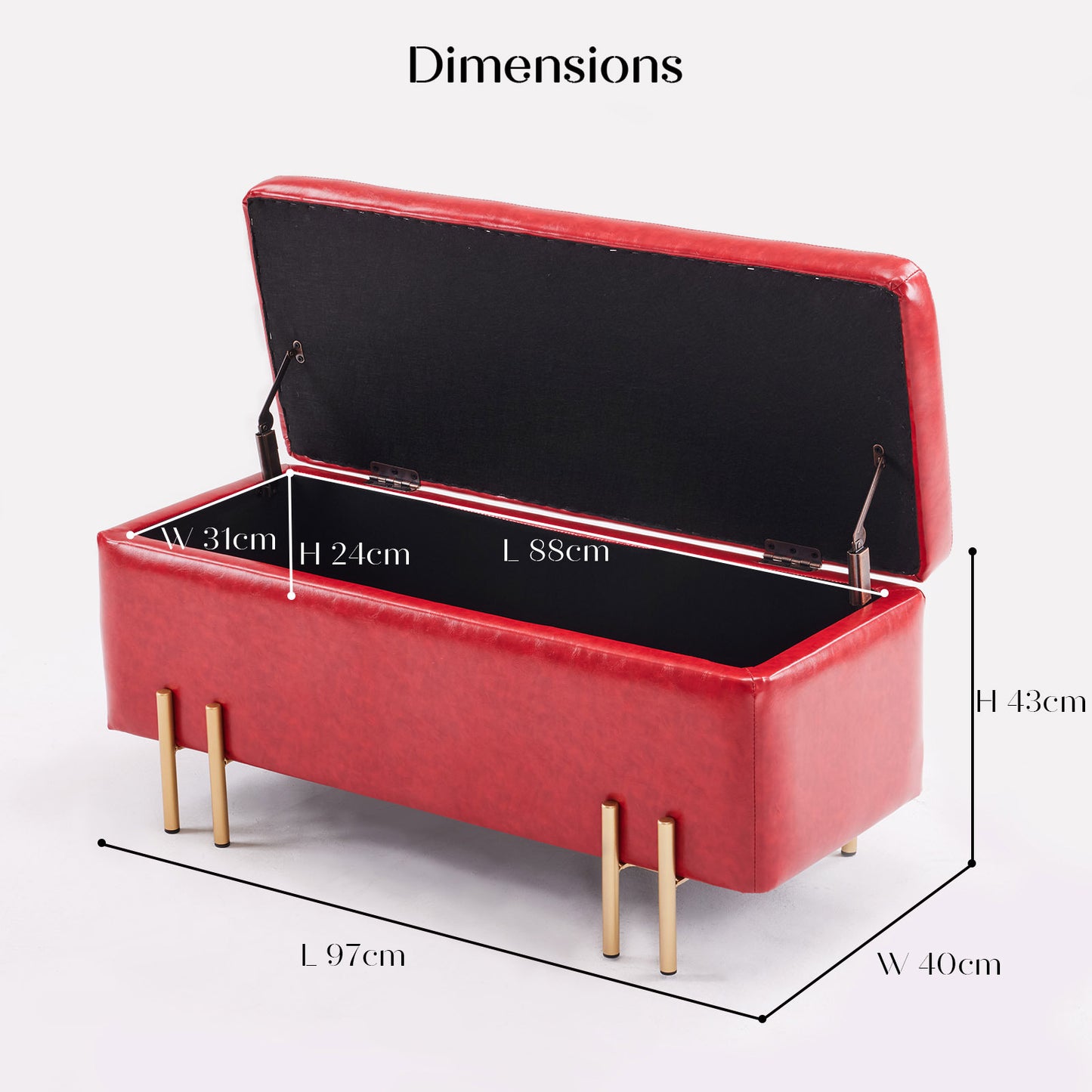 Standard Ottoman Storage Box Australia - Red - PU Leather Style (Gold Legs)