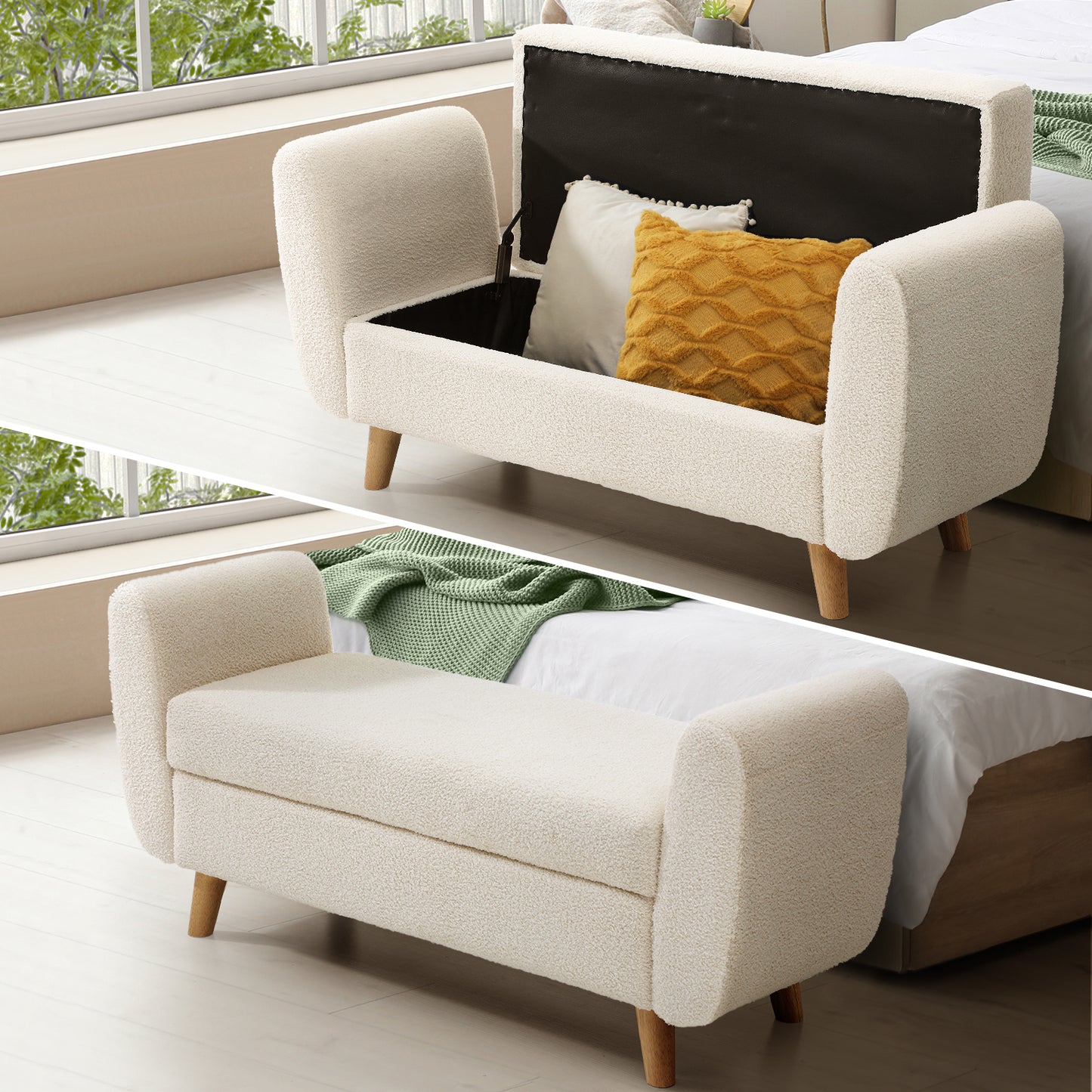 Carey Linen Multi-Functional Storage Ottoman Seat - BEIGE SHERPA FABRIC