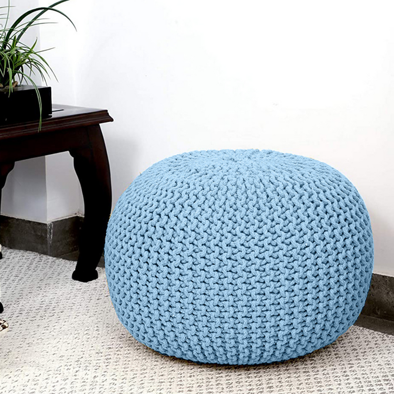 Hand-Knitted Blue Cotton Braided Ottoman Pouffe