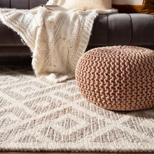 Hand-Knitted Pink Cotton Braided Ottoman Pouffe