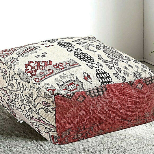 Red & White Kilim Ottoman – Handwoven Bohemian Charm | Free Shipping Australia Wide