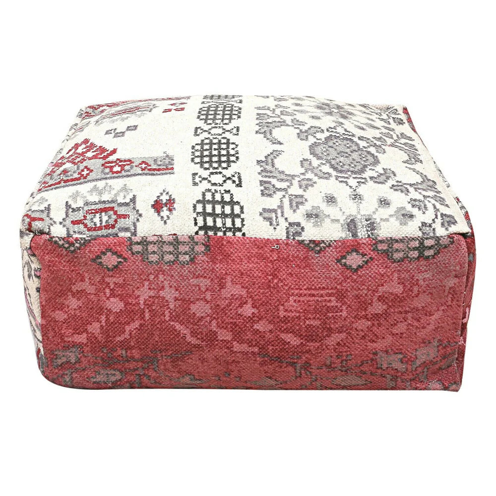 Red & White Kilim Ottoman – Handwoven Bohemian Charm