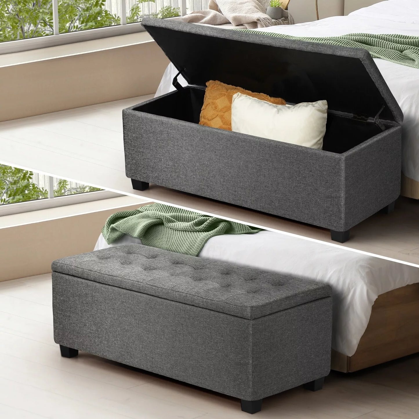 Arlo Ottoman Storage Fabric Foot Stool - Linen Fabric Dark Grey - Tufted Button Top